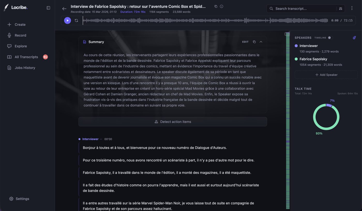 Locribe : transcription d'une interview de 72 minutes avec résumé, locuteurs identifiés et temps de parole