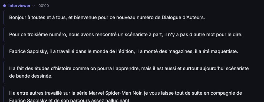 Segments de transcription horodatés, attribués à l'interviewer